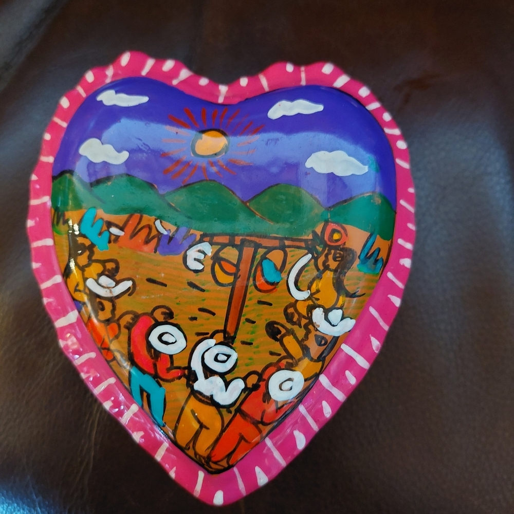 Trinket Box Dish Hand Painted In Mexico  Heart Shaped Ceramic Pottery Colorful